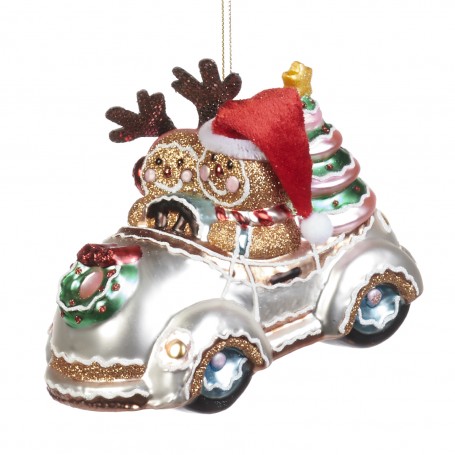 GLSS/FABR.XMAS GINGERBR.IN CAR ORN 14CM