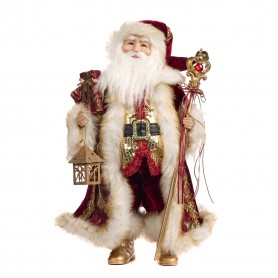 FABR SANTA W/STAFF/LANTERN BURG/GLD/CRM