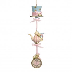 CANDY HAT/TEAPOT/CLOCK DANGLE ORN PNK/BL