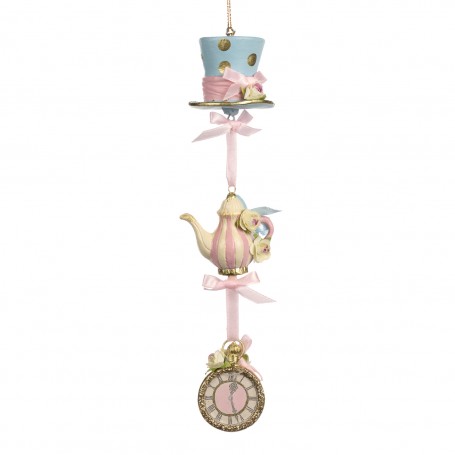 CANDY HAT/TEAPOT/CLOCK DANGLE ORN PNK/BL