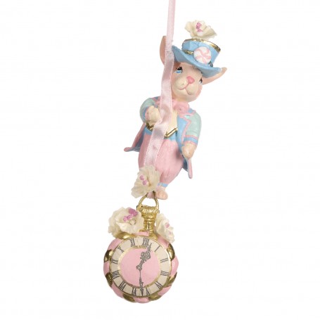 CANDY RABBIT ON CLOCK DANGLE ORN PNK/BLU