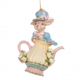 CANDY RABBIT IN TEAPOT ORN CRM/BLU/PINK