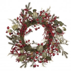 BERRY/PINE/LEAF WREATH GRN/RD 64CM