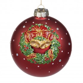 GLASS 3D XMAS WREATH BALL RD/GRN 12CM