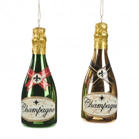 GLSS CHAMPAGNE BOTTLE ORN ASS/2 GLD/GRN